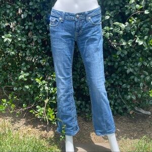 Miss Me Boot Cut Whiskering Factory Faded Low Rise Jeans